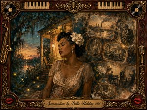 A soulful woman rests beside a glowing Southern riverside porch at twilight, surrounded by faded jazz memories, vintage photographs, magnolias, and warm lamplight. Deep blues, amber golds, sepia browns, and soft cream tones create a wistful summer mood. Painterly textures, ornate musical framing, saxophones, records, microphones, and piano keys enrich the nostalgic composition.