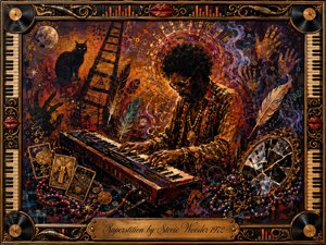A soulful keyboard player dominates a richly textured, mystical interior filled with tarot cards, beads, a black cat, cracked mirror, moon, and symbolic hands. Fiery amber, crimson, violet, and black tones glow under dramatic light. Painterly layers, musical motifs, vinyl records, and ornate gold framing create a rhythmic, superstitious atmosphere.
