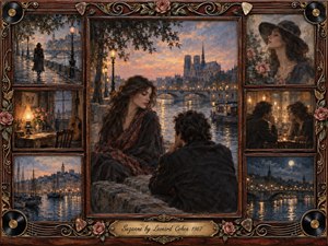 A romantic twilight collage centers on a contemplative couple beside a shimmering river, surrounded by faded scenes of lamplit streets, intimate cafes, sailboats, roses, and moonlit bridges. Warm amber, blue, and rose tones glow through textured oil-paint styling, framed by ornate rosewood, gold filigree, records, strings, and guitar picks.