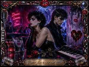 A neon-lit 1980s nightclub frames a troubled couple turned away from each other, surrounded by crimson roses, glossy red lips, keyboards, cassette tapes, and mirrored disco details. Deep blues, magentas, and black create a seductive yet wounded mood, while dramatic painterly lighting and ornate chrome-gold framing heighten the bittersweet romantic tension.