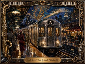 A gleaming A Train arrives at a lively 1940s New York station beneath a deep blue night sky. Warm amber lights reflect across wet pavement as elegantly dressed travelers gather nearby. Rich oil-painted textures, saxophones, piano keys, musical notes, chrome, and gold Art Deco details create an energetic, sophisticated jazz atmosphere.