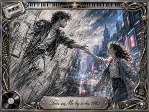A charcoal-sketched young man reaches toward a woman standing in a luminous rain-soaked city, their fingertips nearly touching across contrasting worlds. Moody blacks and silvers blend with cyan, blue, and soft pink neon. An ornate chrome-and-gold music-themed frame, cassette, vinyl record, guitar, keyboard, and engraved title plate complete the nostalgic 1980s artwork.