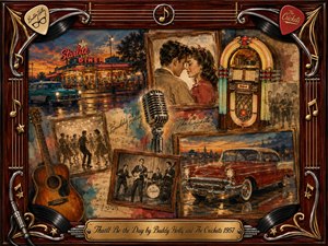 A nostalgic 1950s rock-and-roll collage surrounds a tender young couple with glowing diner lights, a jukebox, vintage microphone, acoustic guitar, band photographs, and a gleaming red Chevrolet. Warm amber, rust, turquoise, and sepia tones create romantic energy, while painterly textures, chrome flourishes, musical details, and ornate rosewood framing evoke cherished memories.