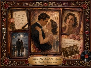 A nostalgic romantic collage captures a 1940s couple embracing amid rosewood frames, faded photographs, sheet music, roses, and vintage recording imagery. Warm amber, sepia, burgundy, and gold tones glow under soft lamplight. Painterly oil and watercolor textures create tenderness, while ornate musical details and the engraved title plate complete the sentimental composition.