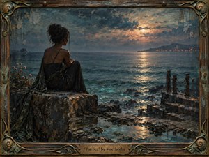 A solitary woman in a dark flowing dress sits on a weathered seaside ledge, gazing across restless blue-green water toward distant lights beneath a glowing moonlit sky. Rich oil-paint textures, bronze-and-wood framing, shell-like corner ornaments, wet stone reflections, and muted teal, amber, and charcoal tones create a dreamy, melancholic coastal atmosphere.