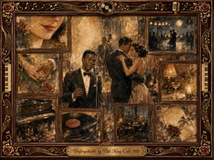 A nostalgic jazz romance unfolds in a richly textured vintage collage, with Nat King Cole singing beside an elegant couple embracing beneath warm amber light. Rosewood frames surround tender memories of dancing, roses, piano keys, vinyl records, and candlelit tables. Deep browns, golds, and sepia tones create timeless warmth and intimacy.