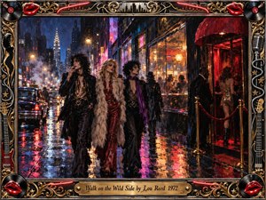 Three stylish bohemian figures stride through a rain-slicked 1970s city street glowing with neon nightlife. Deep blues, crimson, gold, and purple reflections create a seductive, restless mood. Painterly textures, smoky streetlights, vintage cars, and a club entrance evoke urban glamour, while the ornate musical frame adds decadent rock-and-roll character.