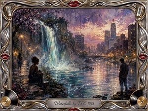 A dreamlike urban waterfall glows beneath a violet-gold twilight sky, blending lush nature with a reflective city river and distant skyline. Solitary figures create a contemplative, bittersweet mood. Rich painterly textures, turquoise water, warm streetlights, and deep shadows are enclosed by an ornate chrome-and-gold musical frame with red lips and vinyl records.