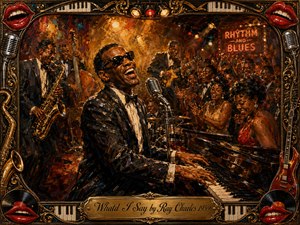 A vibrant oil-painted rhythm-and-blues club scene centers on Ray Charles at the piano, singing joyfully into a vintage microphone as saxophone, guitar, and an exuberant crowd surround him. Rich amber, red, black, and gold tones glow under warm stage lights, framed by ornate musical details, glossy red lips, records, and keyboards.