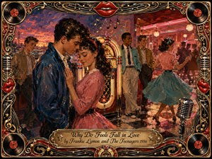 A tender 1950s couple embraces beside a glowing jukebox as dancers fill a lively neon diner at sunset. Warm reds, pinks, teal, gold, and midnight blue create a youthful romantic mood. Expressive oil-painted textures, chrome microphones, vinyl records, musical notes, red lips, and an ornate gold frame enrich the nostalgic composition.