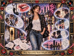 A stylish young woman strides through a rain-soaked city at dusk, surrounded by flowing memory bubbles of fractured reflections, red lips, handwritten notes, and blurred encounters. Violet, coral, silver, and gold tones glow beneath neon light. The mixed-media painting feels bittersweet yet confident, framed with ornate musical details and a polished title plate.
