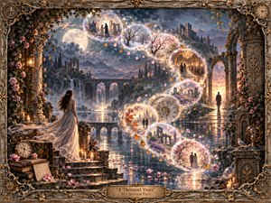 An elegant woman in a flowing gown overlooks a moonlit fantasy landscape of ruined arches, reflective water, and distant mountains. Glowing memory bubbles sweep through the scene in an S-curve, revealing seasons and intimate moments. Soft blues, rose gold, candlelight, ornate metalwork, and painterly detail create a timeless romantic atmosphere.