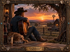 A weathered cowboy sits on a rustic porch playing an acoustic guitar, gazing across a tranquil ranch valley at sunset. Warm amber, copper, and violet light bathe the fields, barn, windmill, pond, and vintage truck. A resting dog adds tenderness, while an ornate Western frame, guitar strings, turquoise accents, and engraved title plate reinforce the nostalgic heartbreak.