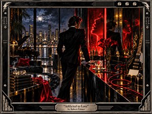 A sharply dressed man stands in a luxurious midnight penthouse, surrounded by glossy black surfaces, crimson reflections, city lights, roses, whiskey, and a guitar. Dramatic red and gold illumination creates a seductive, dangerous mood. Rich painterly textures, mirrored imagery, chrome details, and an ornate music-inspired frame heighten the sleek 1980s atmosphere.