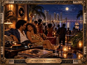 A glamorous couple relaxes beside a turntable as dancers gather on a candlelit terrace above a moonlit waterfront. Golden light contrasts with deep blue skies, glittering towers, and lush palms. Cinematic realism captures romantic, celebratory warmth, framed by ornate bronze musical motifs, piano keys, and an engraved title plate.