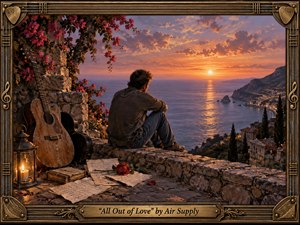 A solitary man overlooks a tranquil coastal bay beneath an orange and lavender sunset. An aged guitar, scattered letters, a red rose, and a glowing lantern fill the stone foreground. Rich, painterly realism evokes nostalgic heartbreak, while an ornate bronze musical frame and engraved title plate complete the intimate composition.