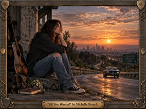 A wistful young woman sits beside a battered guitar on a crumbling roadside ledge, watching a car disappear toward a glowing city at sunset. Warm amber light and rain-slick reflections heighten the lonely mood, while graffiti, daisies, a journal, and an ornate guitar-themed frame give the scene a handcrafted, nostalgic, cinematic feel.