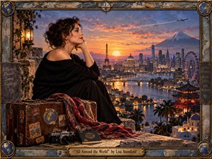 A contemplative woman overlooks a dreamlike global cityscape at sunset, surrounded by a weathered suitcase, camera, scarf, and travel journal. Warm amber light meets deep blue twilight across rivers, towers, temples, and distant mountains. Rich painterly realism, antique textures, glowing reflections, and an ornate brass-and-map frame create a nostalgic, romantic atmosphere.