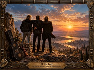 Three rock musicians stand arm in arm on a rugged cliff, overlooking a glowing river valley and distant city at sunset. Warm gold, amber, and deep blue tones create a triumphant, reflective mood. Cinematic painterly detail, dramatic clouds, rocky textures, and an ornate guitar-themed metal frame reinforce unity, loyalty, and enduring devotion.