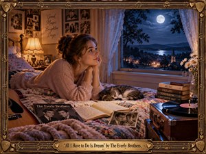 A dreamy young woman rests beside a moonlit window in a cozy vintage bedroom, surrounded by a sleeping cat, guitar, record player, photographs, books, and an Everly Brothers album. Warm amber lamplight contrasts with cool blue night tones, while ornate musical framing enhances the nostalgic, romantic, handcrafted cinematic atmosphere.