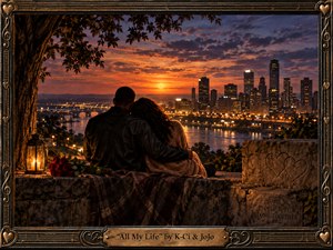 A couple embraces on a stone terrace overlooking a riverside city at sunset. Amber light warms roses, a lantern, and a patterned blanket beneath blue-purple clouds. Cinematic realism heightens the tender, nostalgic mood, while an ornate bronze frame with hearts, musical motifs, and an engraved title plate encloses the scene.