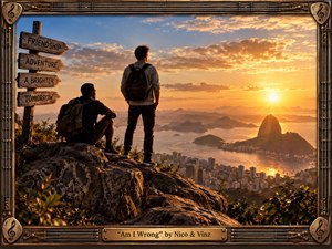 Two young travelers stand and sit on a rocky mountaintop overlook above a glowing coastal city, facing a radiant sunset and distant islands. Warm gold and amber light bathe the scene, creating a hopeful, adventurous mood. A rustic signpost, peace-marked stone, and ornate music-inspired frame with engraved title plate add symbolic, handcrafted detail.
