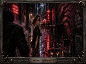A glamorous woman in a black evening dress crosses a rain-soaked urban alley under crimson neon, watched by a shadowy figure in the foreground. The scene feels seductive, dangerous, and predatory, with wet reflections, brick textures, smoky air, glowing signs, hidden animal eyes, and an ornate dark-metal frame.