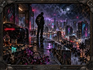 A lone figure stands on a rain-slick rooftop overlooking a sprawling neon city beneath storm clouds and a bright moon. Deep purples, cyan, red, and amber reflections create a hypnotic, uneasy mood. A black sports car, glowing vial, thorny flowers, drifting mist, and industrial metal frame enrich the textured, cinematic mixed-media style.
