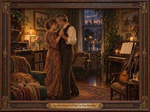 A tender couple slow-dances in a richly furnished vintage music parlor, surrounded by records, piano, guitar, faded flowers, and a sleeping dog. Warm amber lamplight contrasts with cool blue twilight beyond the window, creating nostalgic intimacy. Textured oil-painting brushwork, patterned furnishings, and an ornate musical wood-and-brass frame complete the scene.