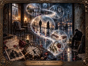 A rain-soaked city at night frames a solitary figure amid glowing memories that spiral through the scene in an elegant S-curve. Transparent bubbles hold fading moments, clocks, roses, and reaching hands, suggesting regret and lost connection. Deep blues, bronze highlights, wet reflections, and ornate steampunk framing create a melancholic, cinematic atmosphere.