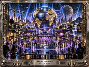A monumental mirrored globe hovers above a futuristic circular dance plaza, surrounded by glowing skylines, waterfalls, palm trees, and celestial forms. Electric blue, violet, and golden light creates an energetic, hypnotic mood. Sleek metallic framing, reflective surfaces, looping light trails, and dancing crowds evoke rhythmic motion, global unity, and retro-futuristic spectacle.