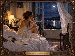 A contemplative woman sits among rumpled ivory linens, gazing through an open window toward a moonlit harbor. Warm amber lamplight meets cool indigo night, creating a tender, wistful mood. Painterly oil and encaustic textures enrich drifting curtains, flowers, a sleeping cat, reflective water, and the ornate carved wooden frame.