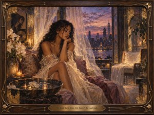 A contemplative young woman rests beside an open window overlooking a glowing twilight city skyline. Warm amber candlelight blends with violet-pink dusk, illuminating sheer fabrics, white lilies, reflective water, and richly textured furnishings. The romantic, painterly composition feels intimate and tender, framed by dark carved wood, brass floral details, and an engraved title plate.