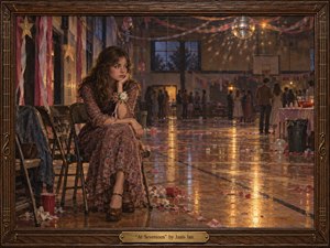 A solitary teenage girl sits apart at a fading school dance, surrounded by empty chairs, scattered streamers, balloons, and distant couples beneath a mirrored disco ball. Warm amber reflections shimmer across the polished gym floor, contrasting with cool evening windows. Painterly realism, muted florals, carved wood framing, and melancholy lighting evoke quiet exclusion and introspection.