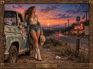 A confident young woman stands beside a weathered turquoise pickup on a dusty Texas roadside at sunset, watching distant taillights fade toward the city. Rich oil-painted textures, coral and violet skies, neon honky-tonk lights, cowboy details, and rustic wood framing create a bittersweet, resilient mood of heartbreak, independence, and release.
