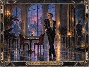 A solitary, sharply dressed figure stands in an elegant rain-lit ballroom overlooking a glowing city at dusk. Deep blues, violet shadows, warm gold reflections, polished marble, velvet chairs, a piano, candles, and mirrored surfaces create romantic tension. The richly detailed, painterly scene feels glamorous, introspective, vulnerable, and distinctly late-1980s.