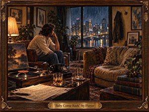 A solitary man sits in a warmly lit late-1970s apartment, gazing through rain-streaked windows at a glowing city skyline. Rich amber, brown, and deep blue tones heighten the melancholy mood. A record player, rotary phone, whiskey glasses, sheet music, textured furnishings, and carved musical frame create a nostalgic, painterly atmosphere of longing and absence.