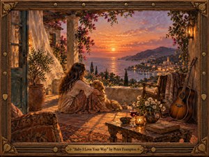 A woman sits peacefully with a golden retriever on a rustic Mediterranean terrace overlooking a glowing coastal village at sunset. Warm amber, coral, violet, and deep brown tones create a romantic, nostalgic mood. Rich oil-paint textures, flowers, patterned textiles, lantern light, wine, an acoustic guitar, and an ornate musical frame deepen the intimate atmosphere.