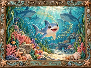 A cheerful baby shark swims through a luminous turquoise reef, surrounded by gentle larger sharks, swirling golden fish, bubbles, coral, shells, and waving sea plants. Sunbeams brighten the playful underwater scene, rendered as a richly textured handcrafted diorama. An ornate driftwood frame with pearls, starfish, waves, and musical details completes the artwork.