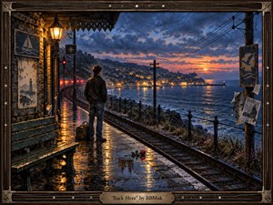 A solitary man waits beside rain-slicked coastal railway tracks at twilight, gazing toward a glowing seaside town and fading sunset. Warm lantern reflections contrast with deep blue clouds and water, creating a wistful, romantic mood. Painterly realism, weathered station details, scattered photographs, a red rose, and guitar-string framing deepen the sense of longing and return.