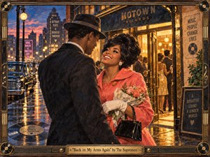 A joyful couple reunites outside a glamorous 1960s nightclub on a rain-slicked city street, glowing with amber lights and reflected neon. Her coral coat and flowers brighten the deep blues and blacks. Rich painterly textures, vintage cars, elegant figures, record motifs, and an ornate musical frame create romantic Motown-era warmth.
