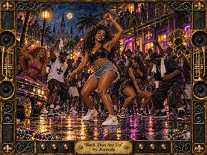 A jubilant New Orleans street party unfolds beneath a moonlit sky, centered on energetic dancers surrounded by cheering crowds, brass musicians, wrought-iron balconies, and glowing historic architecture. Rich gold, violet, and midnight-blue tones shimmer across wet pavement, while dramatic lamplight and ornate framing create a vibrant, handcrafted, celebratory atmosphere.