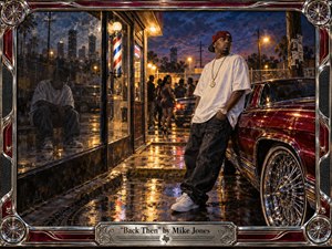 A confident young man stands beside a gleaming red custom car outside a Houston barbershop at dusk, while his shadowed former self appears in the storefront reflection. Wet pavement mirrors amber lights beneath a deep blue sky. Rich chrome, burgundy, gold, and violet tones create a nostalgic, cinematic early-2000s atmosphere.