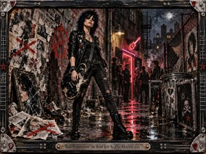 A defiant punk guitarist stands in a rain-slicked urban alley, framed by torn posters, graffiti, chain-link fencing, and battered club gear. Red neon glows against deep blacks, steel gray, and dirty brick, creating a rebellious nighttime atmosphere. Gritty realism, weathered textures, shattered glass, and heavy hardware intensify the raw rock-and-roll attitude.