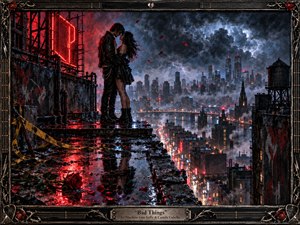 A rain-soaked rooftop frames an intimate couple beneath a violent storm, their dark silhouettes glowing with red neon and cold blue city light. Wet pavement mirrors their embrace, scattered rose petals, and a fallen crimson rose. A sprawling skyline, dramatic clouds, and ornate metal framing create a dangerous, romantic, cinematic mixed-media atmosphere.