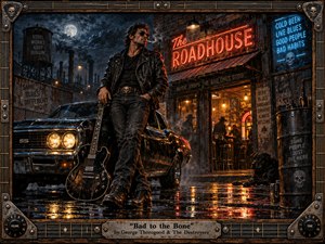 A leather-clad blues rocker leans against a black muscle car outside a gritty roadside bar, his battered electric guitar resting beside him. Rain-slick pavement reflects fiery orange neon against deep blue moonlight and smoky industrial shadows. The richly textured, cinematic scene feels rebellious, dangerous, confident, and unmistakably rooted in hard-driving blues rock.