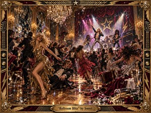 A riotous glam rock spectacle erupts inside a gilded ballroom, where a blazing stage performance collides with frantic dancers, shattered mirrors, and spilled champagne. Gold, crimson, and smoky violet dominate the scene, lit by chandeliers and spotlights. The composition feels cinematic and handcrafted, rich with glittering detail, chaos, and decadent 1970s energy.