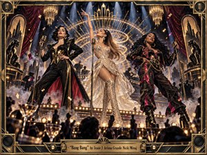 Three commanding female performers dominate a lavish Art Deco stage, framed by brass, black enamel, velvet curtains, and glowing geometric ornament. Golden spotlights, smoke, confetti, and mirrored reflections create explosive glamour and rhythmic tension. Rich black, crimson, magenta, and champagne tones enhance the handcrafted, metallic mixed-media atmosphere.