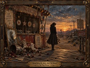 A solitary woman in black walks through a decaying roadside carnival at sunset, surrounded by broken roses, a fallen carousel horse, cracked mirrors, and weathered signs. Amber light burns beneath stormy blue-gray clouds, casting long shadows across splintered boards. The richly textured, painterly scene feels nostalgic, mournful, cinematic, and hauntingly romantic.