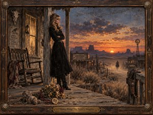 A solitary woman in black stands on a weathered Western porch at sunset, watching a lone rider disappear into the dusty distance. Warm amber light contrasts with cool blue shadows, creating a mournful, cinematic mood. Richly textured oil-paint styling, desert mesas, faded flowers, rustic wood, and an ornate aged frame deepen the sense of memory and loss.